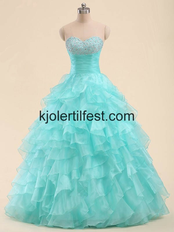 Bl Kjreste Perler Lange Organza Quinceanera Kjoler