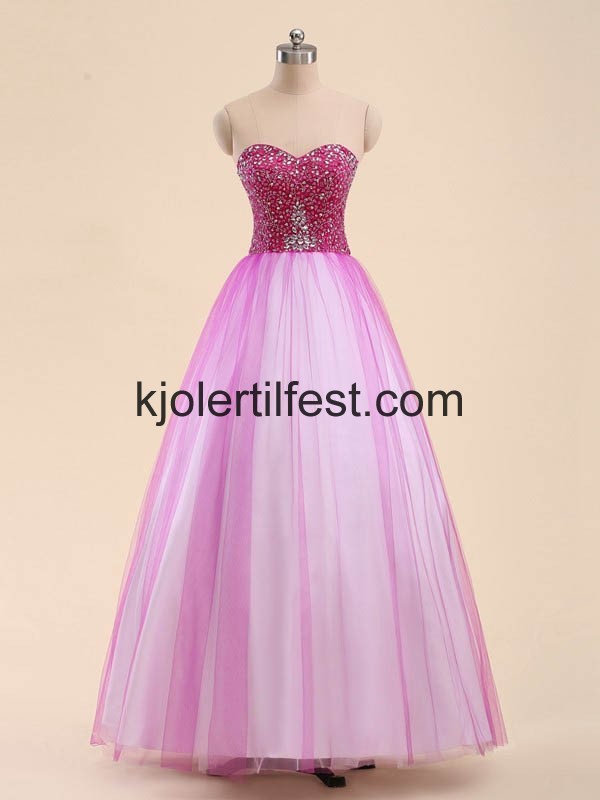 Fuksia Perler Lange Skoleball Tyll Quinceanera Kjoler