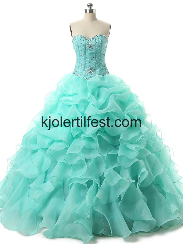Mint Grnn Perler Gulvlengde Blonder Quinceanera Kjoler