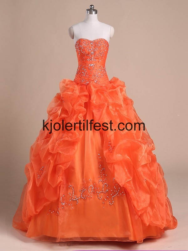 Oransje Stroppels Gulvlengde Skoleball Organza Quinceanera Kjoler