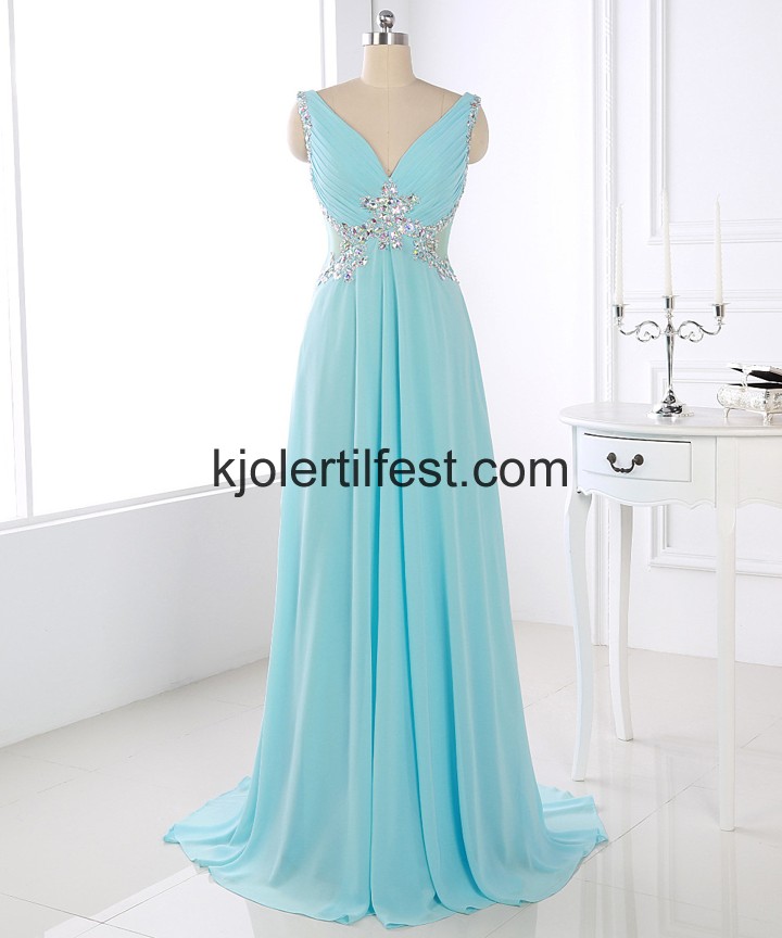 V-hals Bl Lange Chiffon Ballkjoler