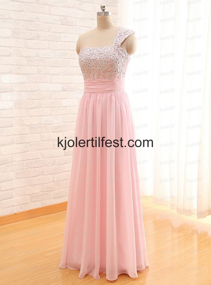 A-Linje En-Skulder Rosa Lange Chiffon Selskapskjoler