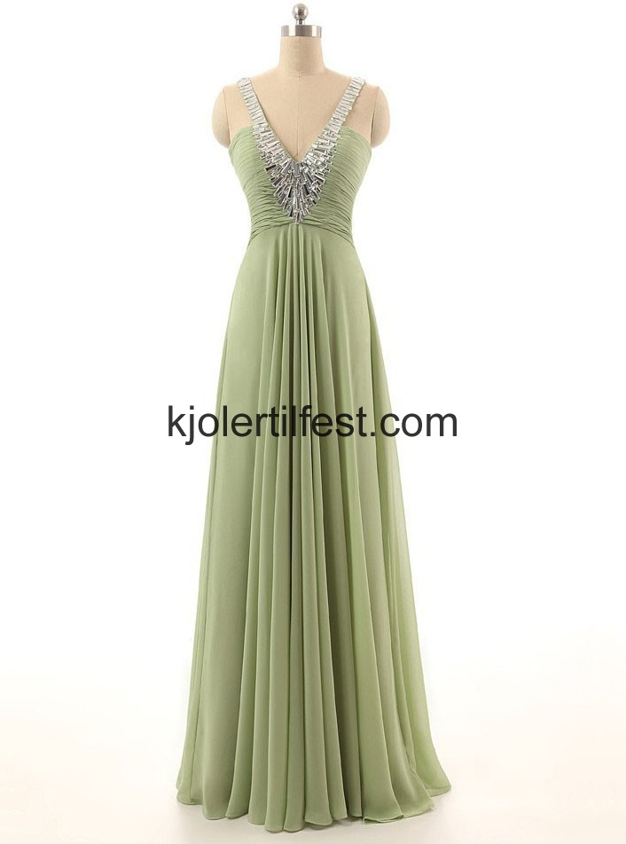 A-Linje Grnn V-hals Stropper Lange Chiffon Selskapskjoler