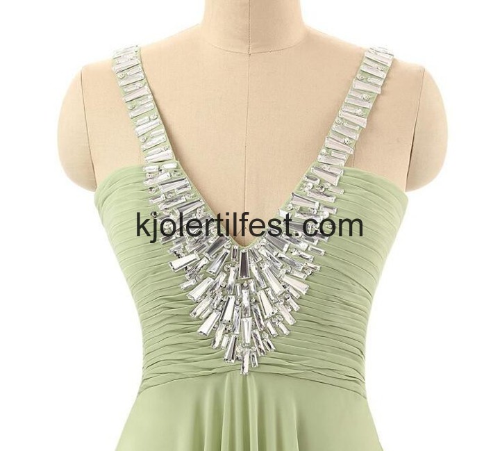 A-Linje Grnn V-hals Stropper Lange Chiffon Selskapskjoler