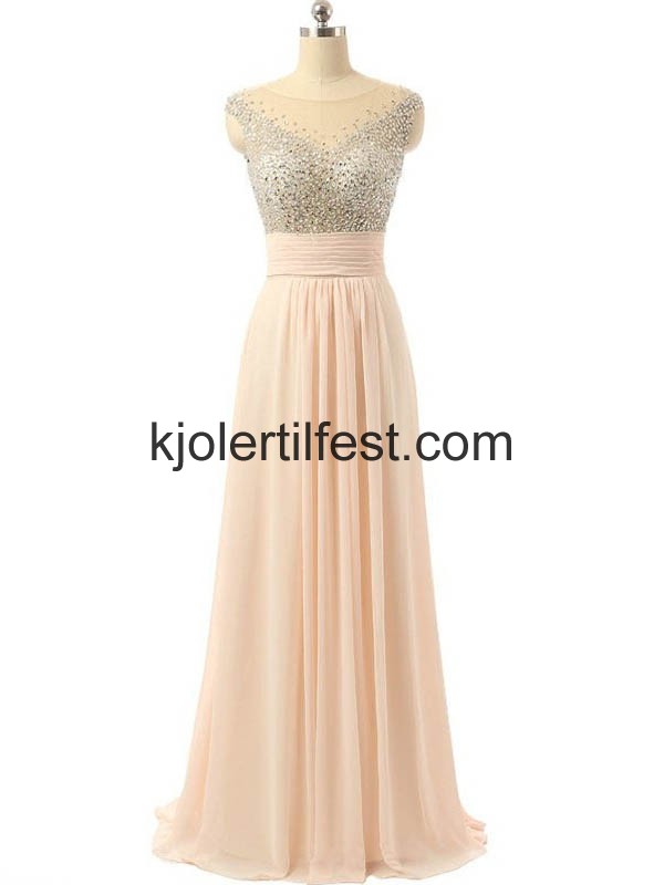 A-Linje Perler Gulvlengde Champagne Chiffon Selskapskjoler