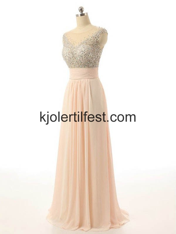 A-Linje Perler Gulvlengde Champagne Chiffon Selskapskjoler