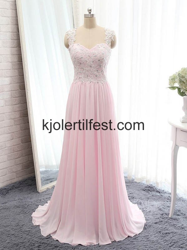 A-Linje Stropper Lange Rosa Organza Selskapskjoler
