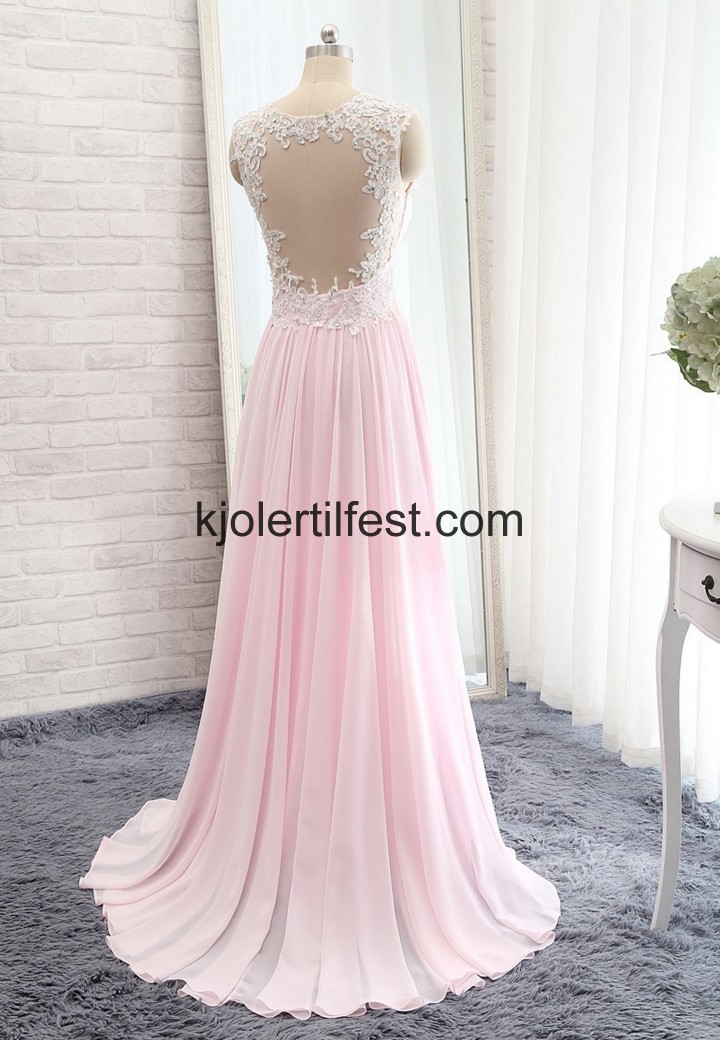 A-Linje Stropper Lange Rosa Organza Selskapskjoler