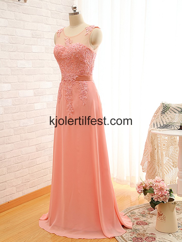 A-Linje Stropper Rosa Lange Chiffon Ballkjoler
