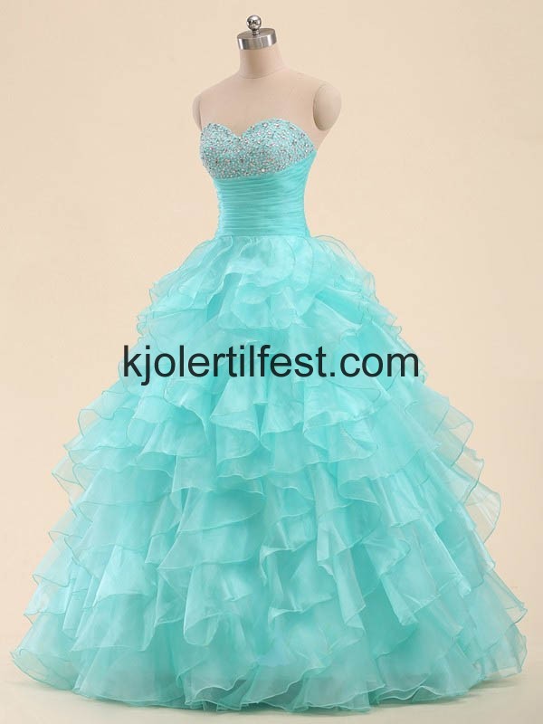 Bl Kjreste Perler Lange Organza Quinceanera Kjoler