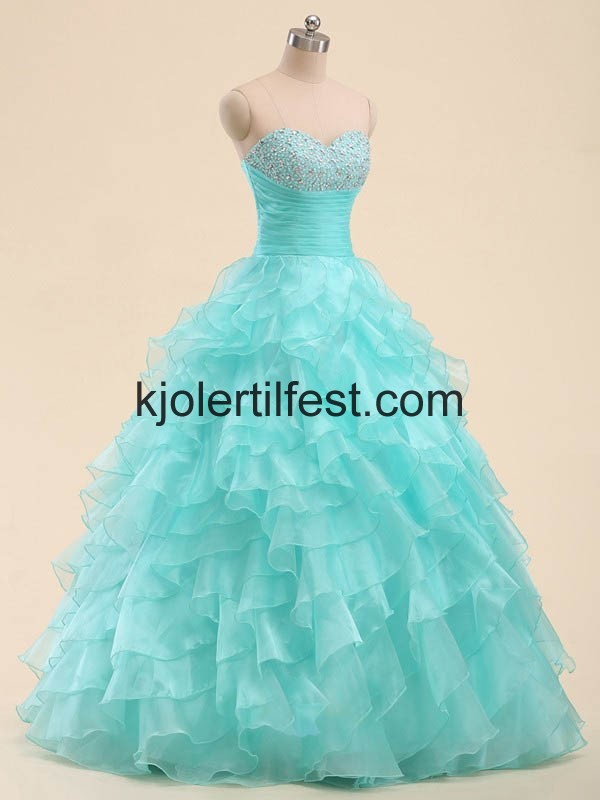 Bl Kjreste Perler Lange Organza Quinceanera Kjoler