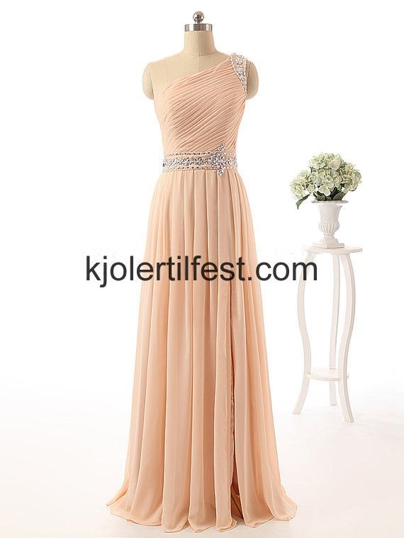 Champagne A-Linje En-Skulder Lange Chiffon Ballkjoler