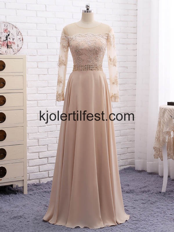 Champagne Lange-Ermer Perler Chiffon Kjoler Til Brudens Mor