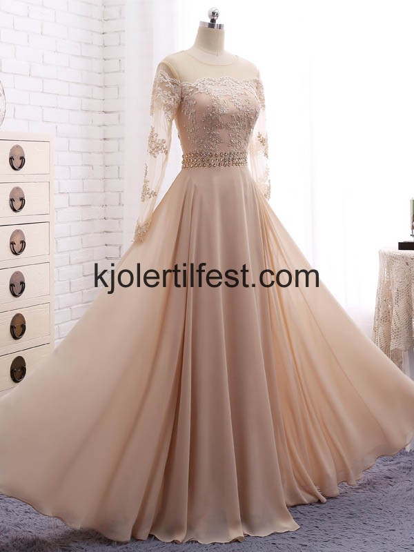 Champagne Lange-Ermer Perler Chiffon Kjoler Til Brudens Mor