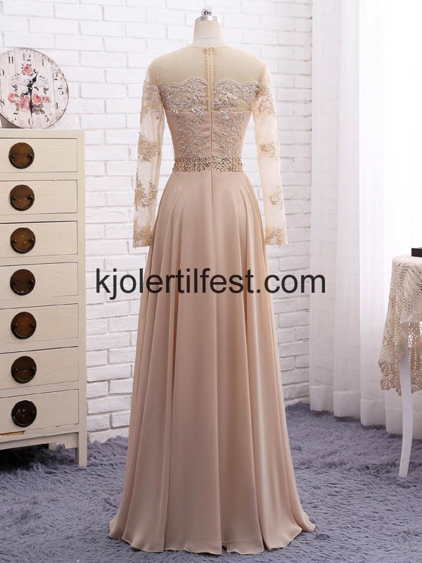 Champagne Lange-Ermer Perler Chiffon Kjoler Til Brudens Mor
