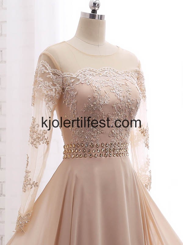 Champagne Lange-Ermer Perler Chiffon Kjoler Til Brudens Mor