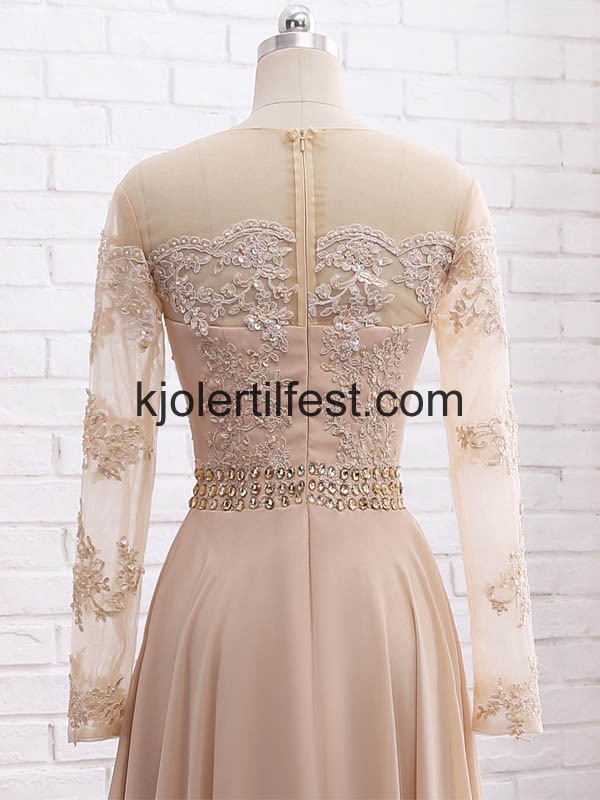 Champagne Lange-Ermer Perler Chiffon Kjoler Til Brudens Mor