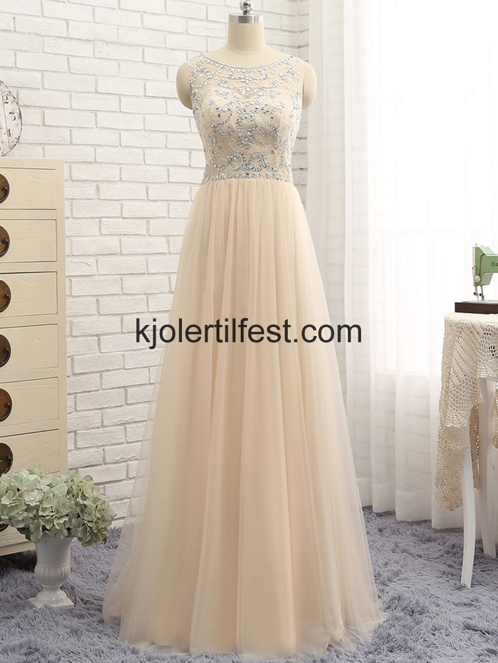 Champagne Perler Gulvlengde Chiffon Selskapskjoler