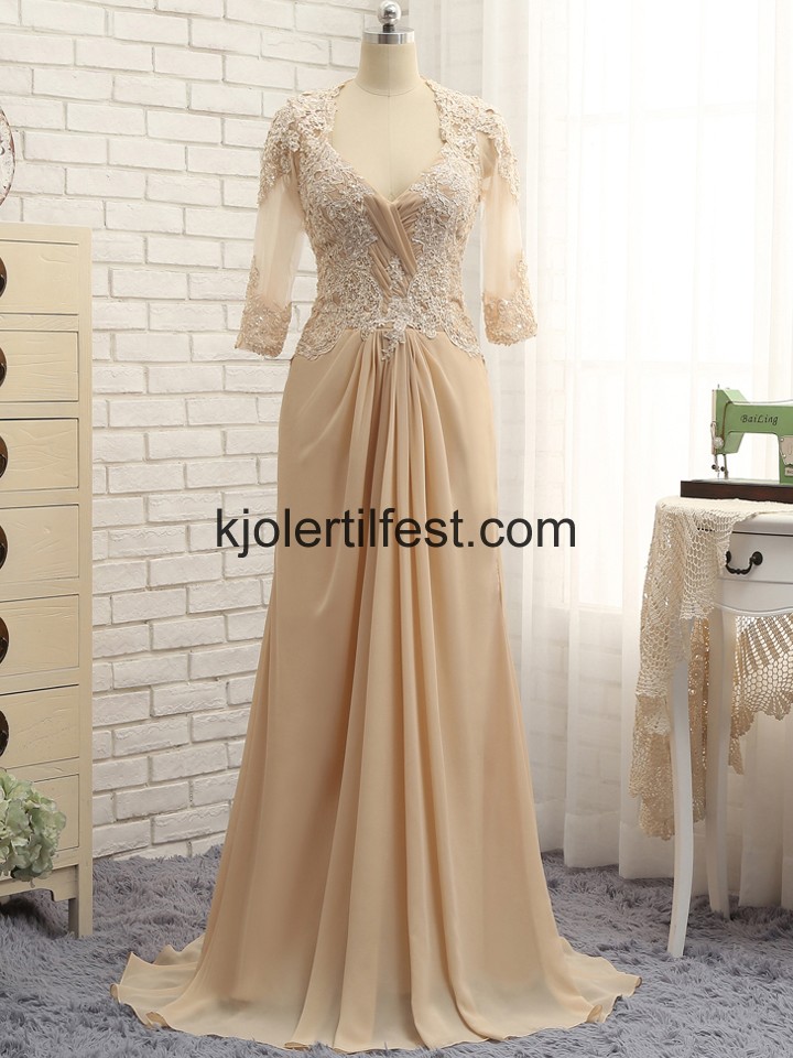 Champagne V-hals Chiffon Kjoler Til Brudens Mor
