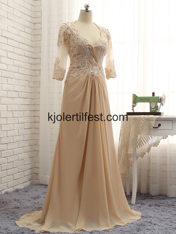 Champagne V-hals Chiffon Kjoler Til Brudens Mor