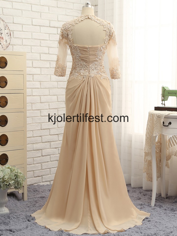 Champagne V-hals Chiffon Kjoler Til Brudens Mor