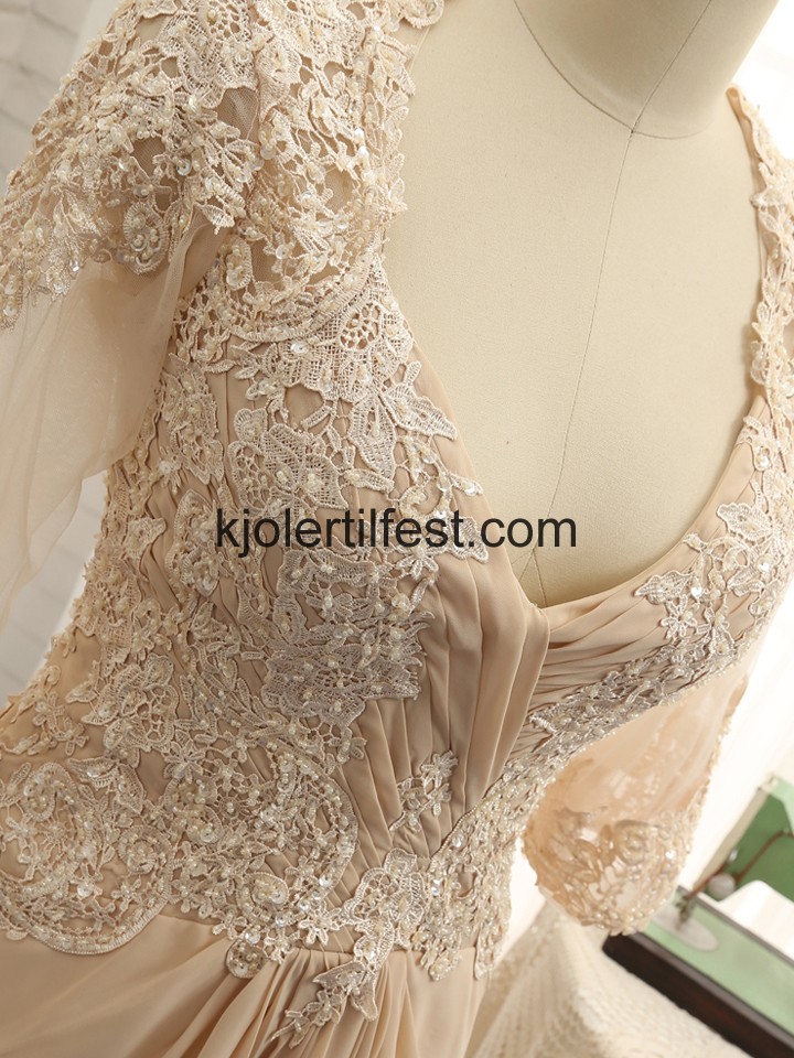 Champagne V-hals Chiffon Kjoler Til Brudens Mor