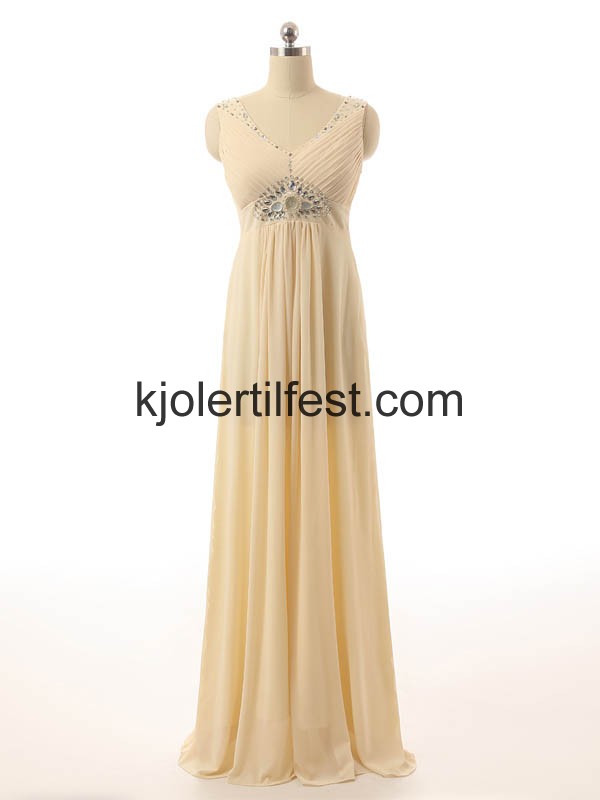 Champagne A-Linje Perler Chiffon Selskapskjoler