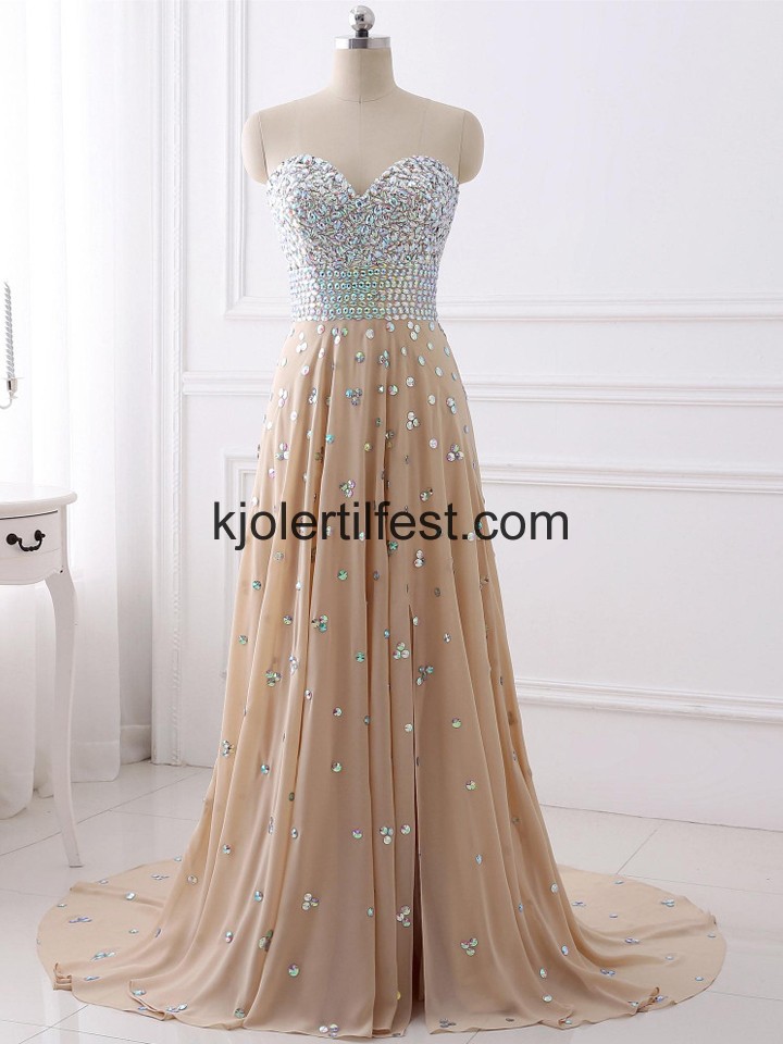 Champagne Lange Kjreste Perler Chiffon Selskapskjoler