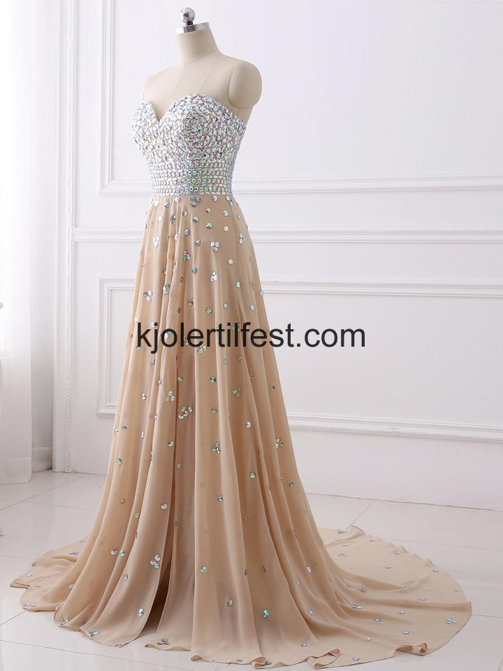 Champagne Lange Kjreste Perler Chiffon Selskapskjoler