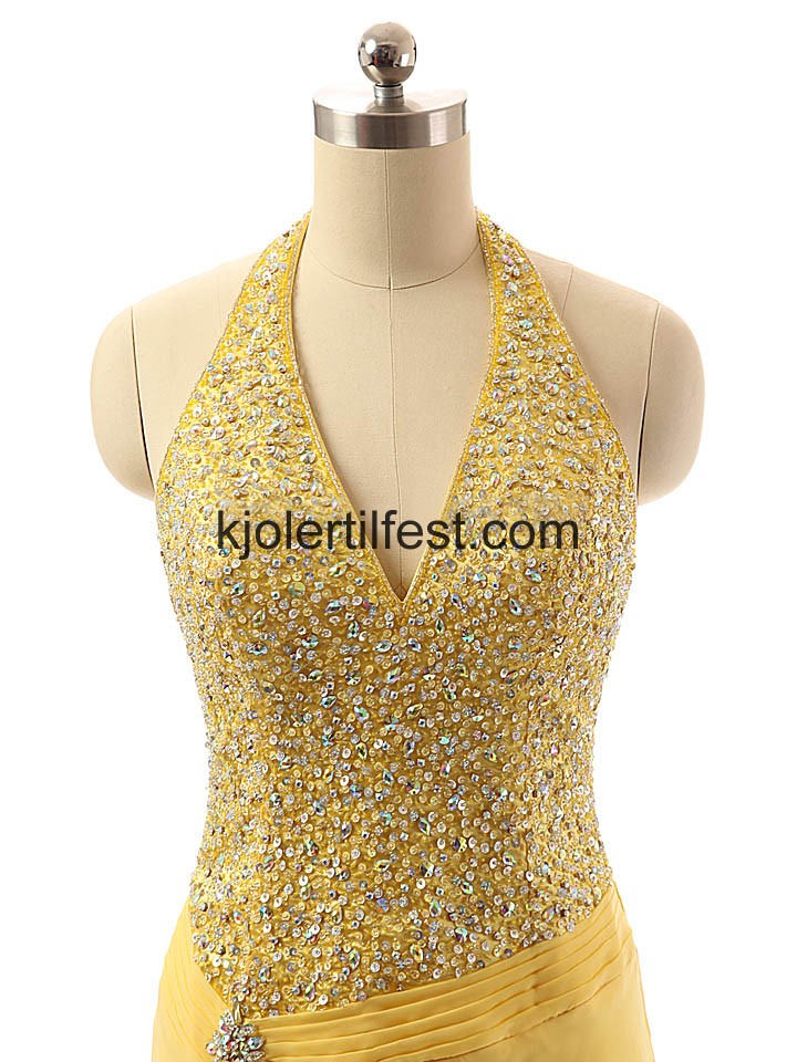 Gul Stoppet Perler Lange Chiffon Selskapskjoler
