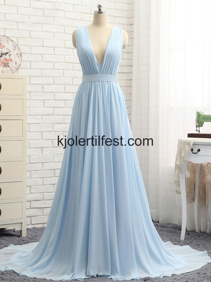 Sky-Bl A-Linje V-hals Chiffon Lange Ballkjoler