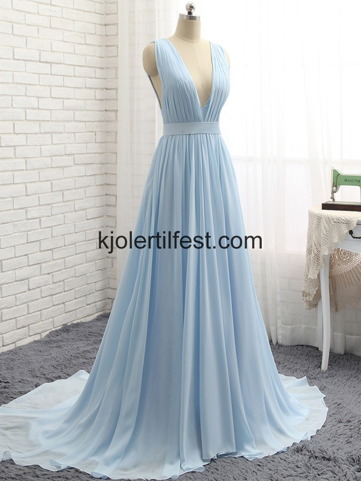 Sky-Bl A-Linje V-hals Chiffon Lange Selskapskjoler