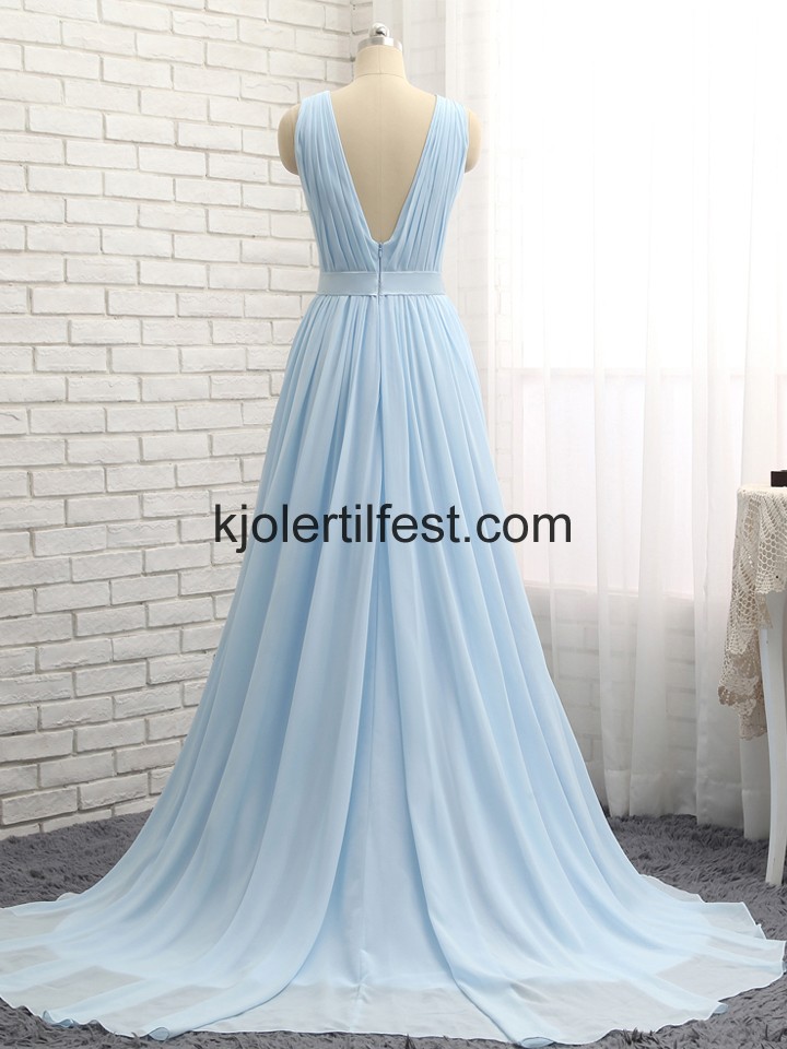 Sky-Bl A-Linje V-hals Chiffon Lange Selskapskjoler