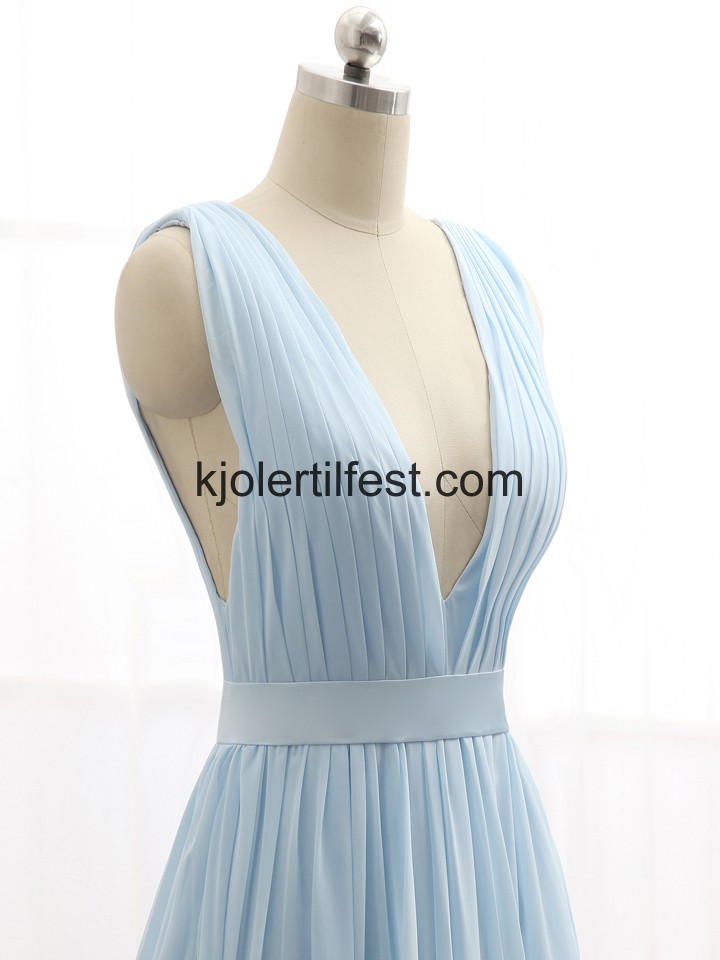 Sky-Bl A-Linje V-hals Chiffon Lange Selskapskjoler