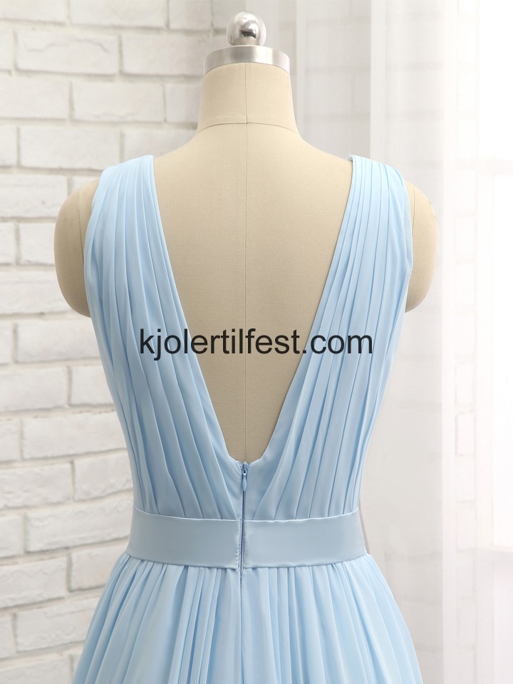 Sky-Bl A-Linje V-hals Chiffon Lange Selskapskjoler