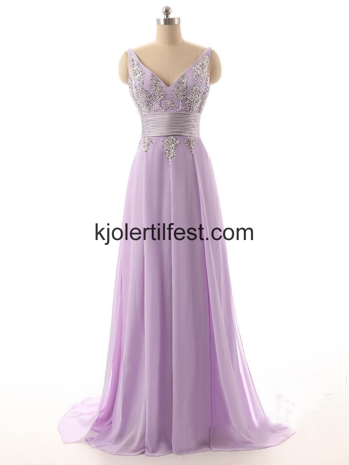Lavendel V-hals Perler Chiffon Lange Selskapskjoler