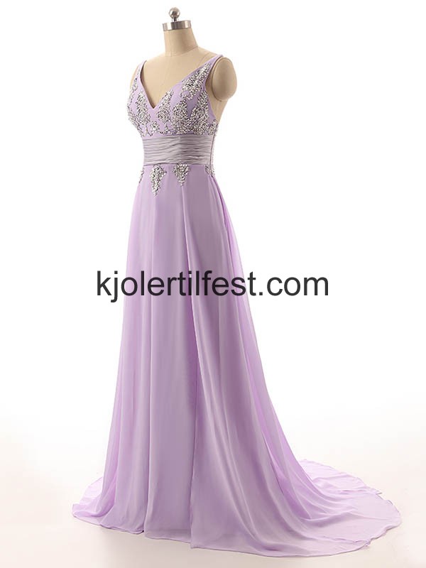 Lavendel V-hals Perler Chiffon Lange Selskapskjoler
