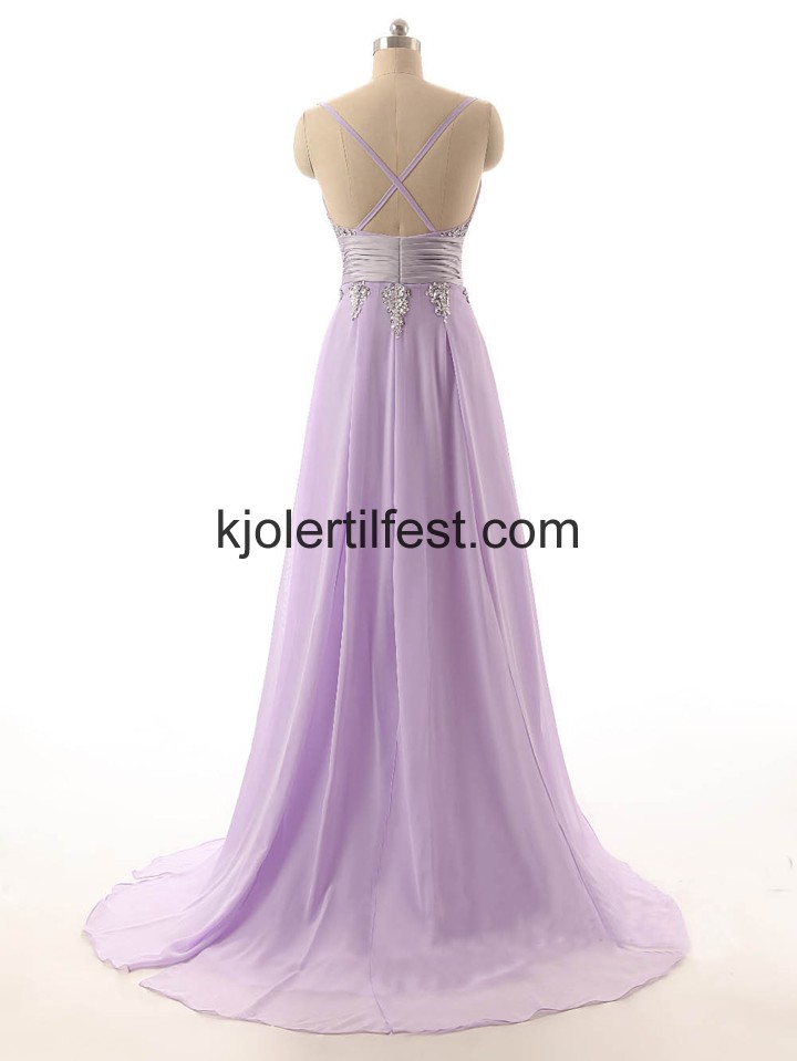 Lavendel V-hals Perler Chiffon Lange Selskapskjoler