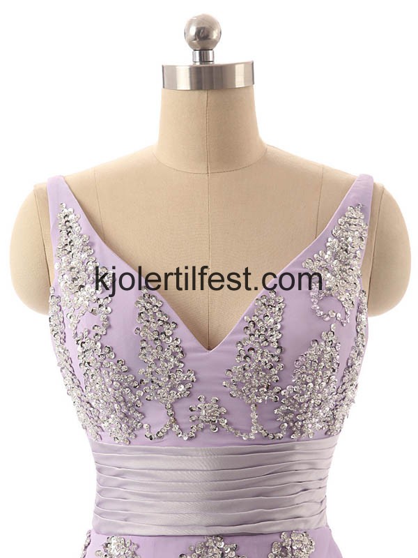 Lavendel V-hals Perler Chiffon Lange Selskapskjoler