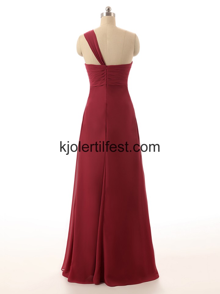 En-Skulder A-Linje Lange Burgund Chiffon Brudepikekjoler
