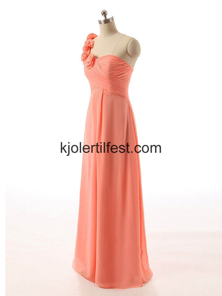 En-Skulder Gulvlengde Oransje Chiffon Ballkjoler