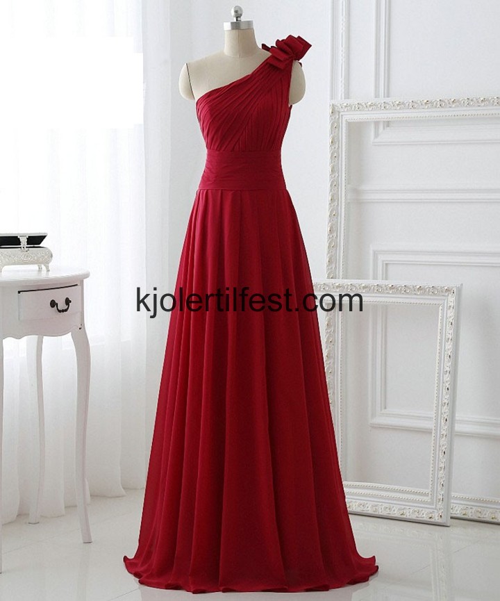 En-Skulder Gulvlengde Rd Chiffon Selskapskjoler