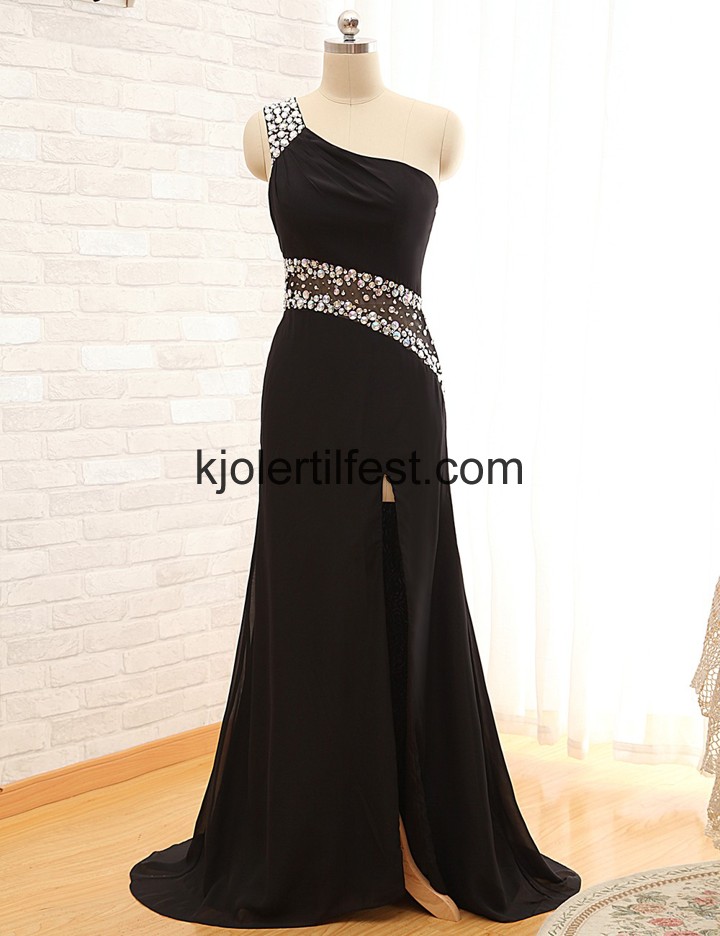 En-Skulder Svart Lange Chiffon Ballkjoler
