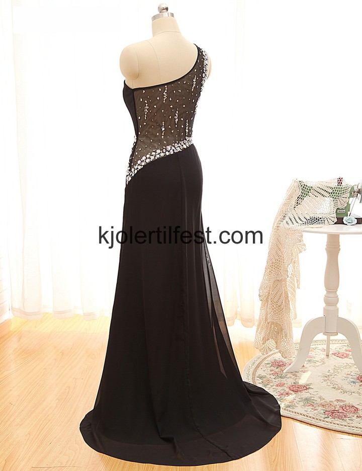 En-Skulder Svart Lange Chiffon Ballkjoler