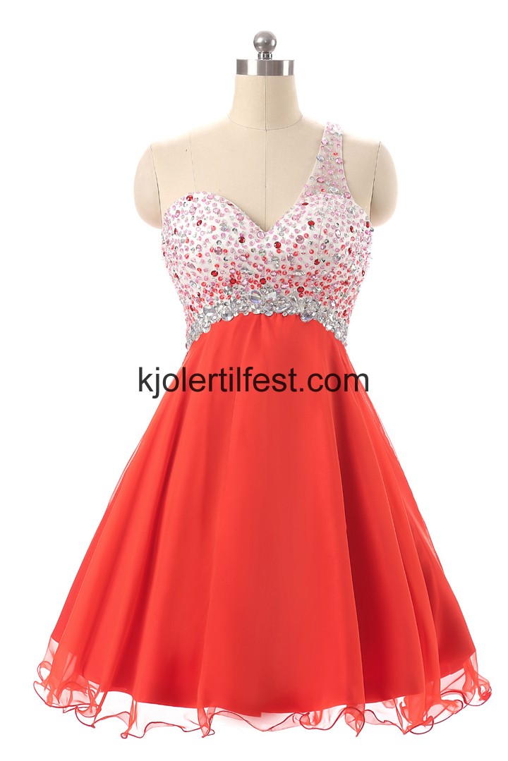 En-Skulder Vannmelon Kort Chiffon Cocktailkjoler