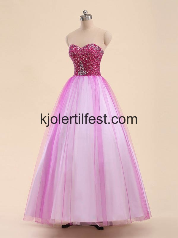Fuksia Perler Lange Skoleball Tyll Quinceanera Kjoler