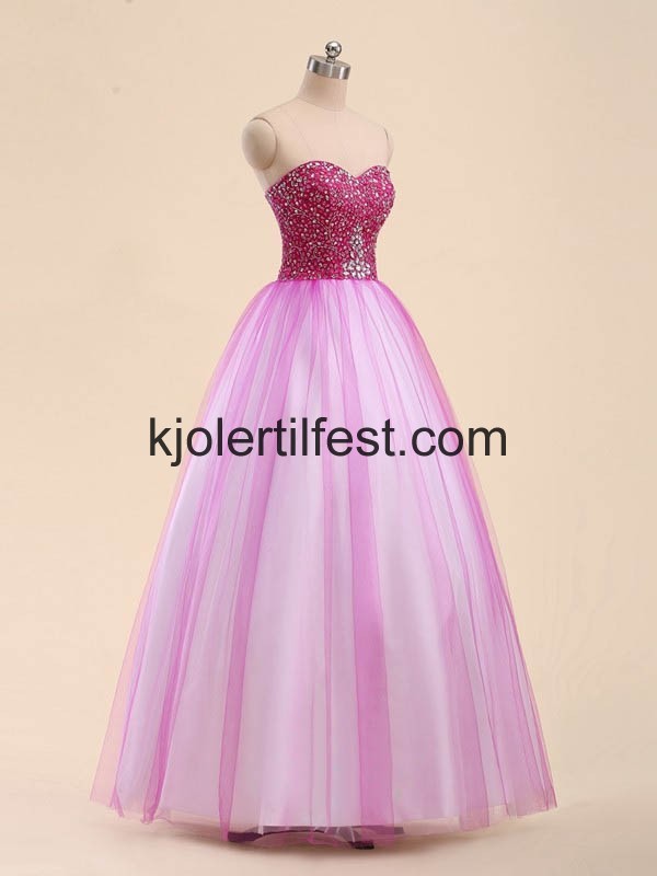Fuksia Perler Lange Skoleball Tyll Quinceanera Kjoler