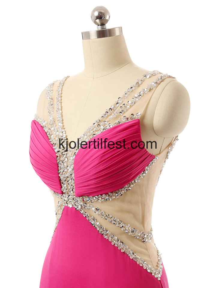 Fuksia V-hals Perler Chiffon Selskapskjoler