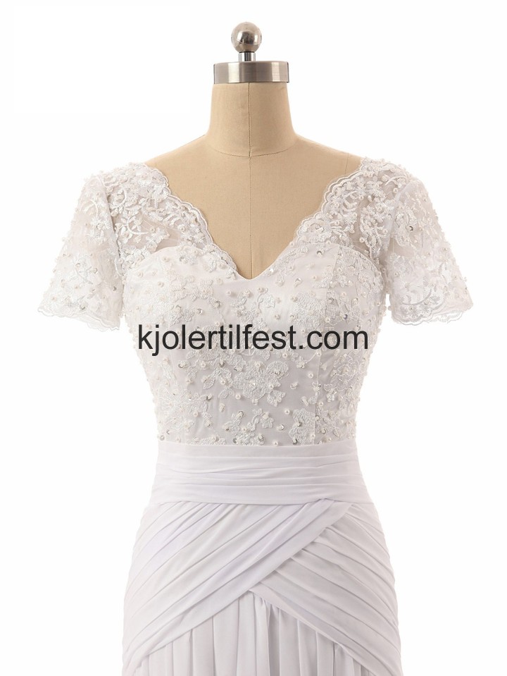 Hvit Kort-Ermer V-hals Chiffon Brudekjoler