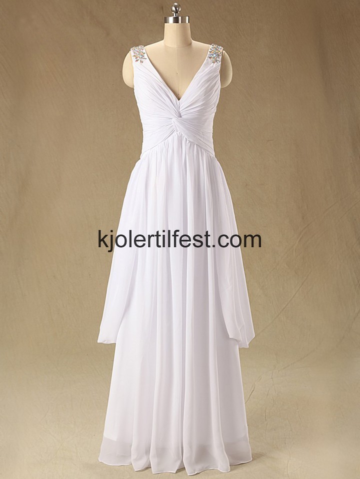 Hvit V-hals Lange Chiffon Selskapskjoler